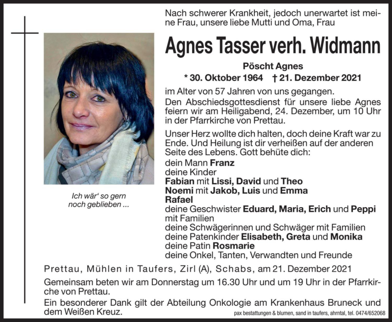  Traueranzeige für Agnes Widmann vom 23.12.2021 aus Dolomiten