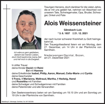 Traueranzeigen Von Alois Weissensteiner | Trauer.bz