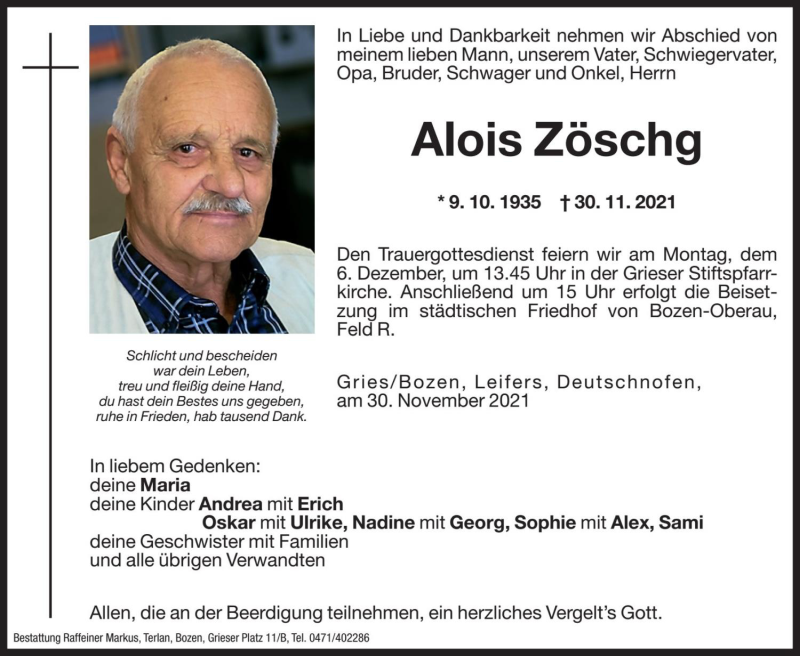  Traueranzeige für Alois Zöschg vom 03.12.2021 aus Dolomiten