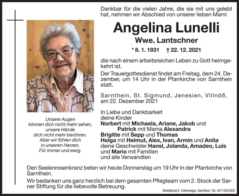  Traueranzeige für Angelina Lantschner vom 23.12.2021 aus Dolomiten