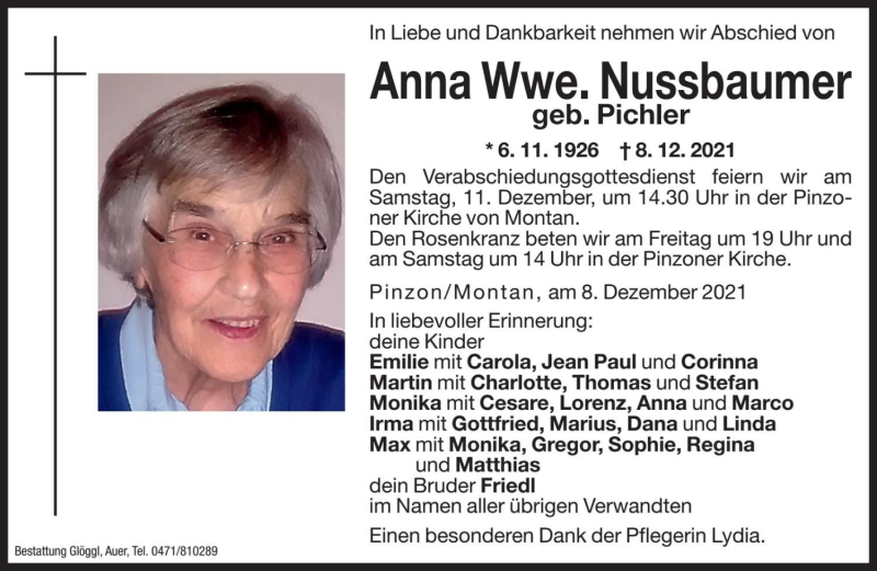  Traueranzeige für Anna Nussbaumer vom 10.12.2021 aus Dolomiten