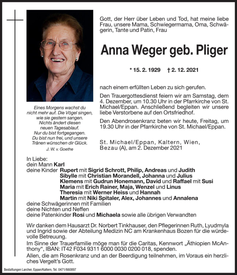  Traueranzeige für Anna Weger vom 03.12.2021 aus Dolomiten