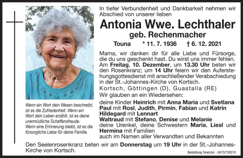  Traueranzeige für Antonia Lechthaler vom 09.12.2021 aus Dolomiten