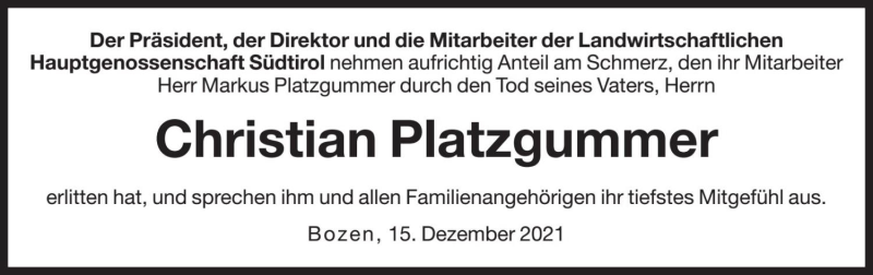 Traueranzeige für Christian Platzgummer vom 23.12.2021 aus Dolomiten