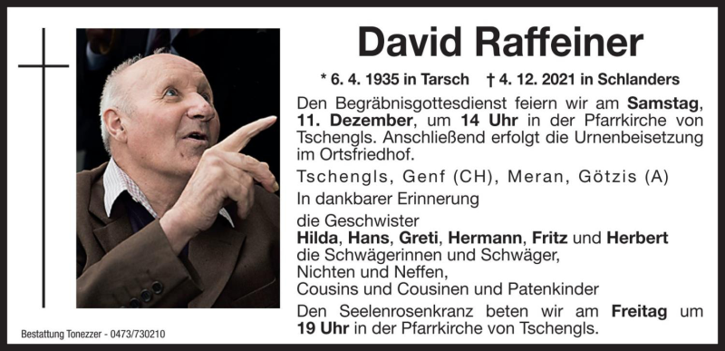  Traueranzeige für David Raffeiner vom 09.12.2021 aus Dolomiten