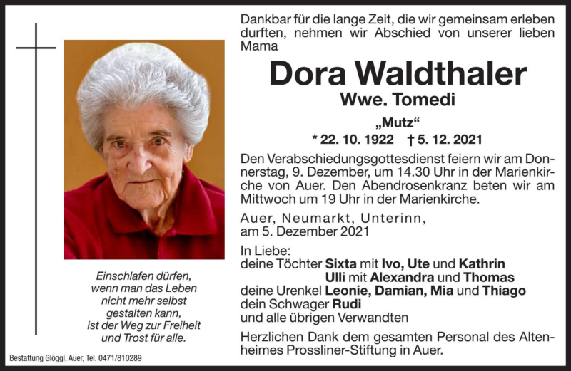  Traueranzeige für Dora Tomedi vom 07.12.2021 aus Dolomiten