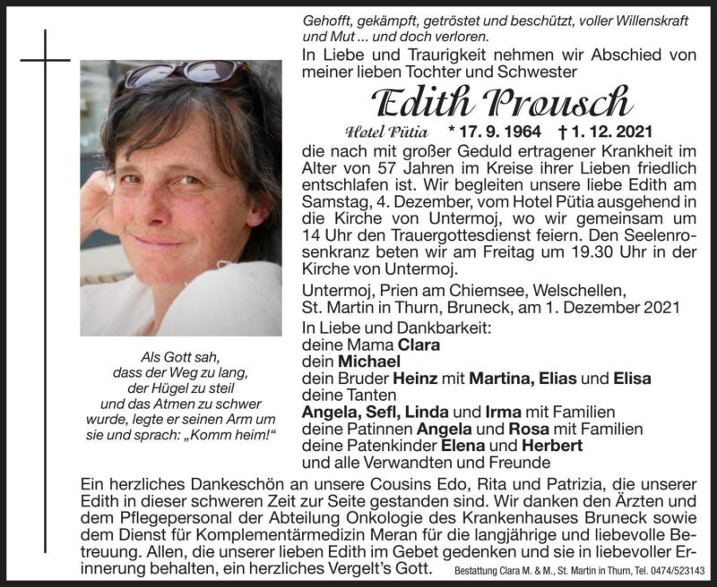  Traueranzeige für Edith Prousch vom 03.12.2021 aus Dolomiten