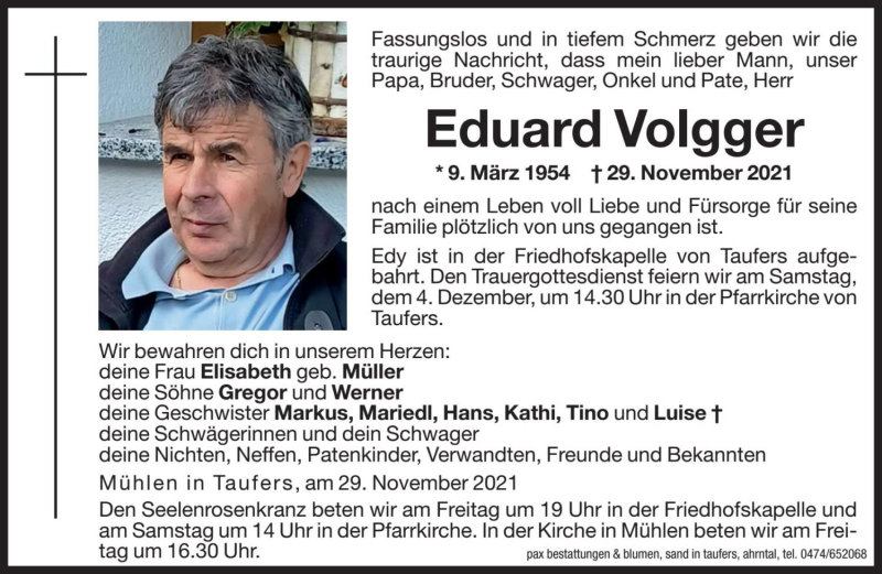  Traueranzeige für Eduard Volgger vom 03.12.2021 aus Dolomiten