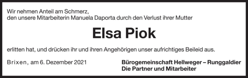 Traueranzeige für Elsa Piok vom 07.12.2021 aus Dolomiten
