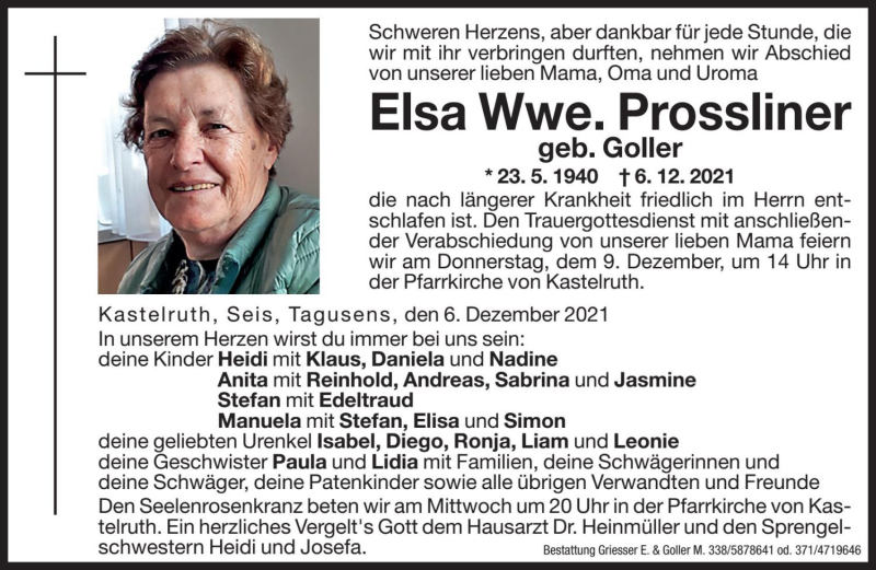  Traueranzeige für Elsa Prossliner vom 07.12.2021 aus Dolomiten