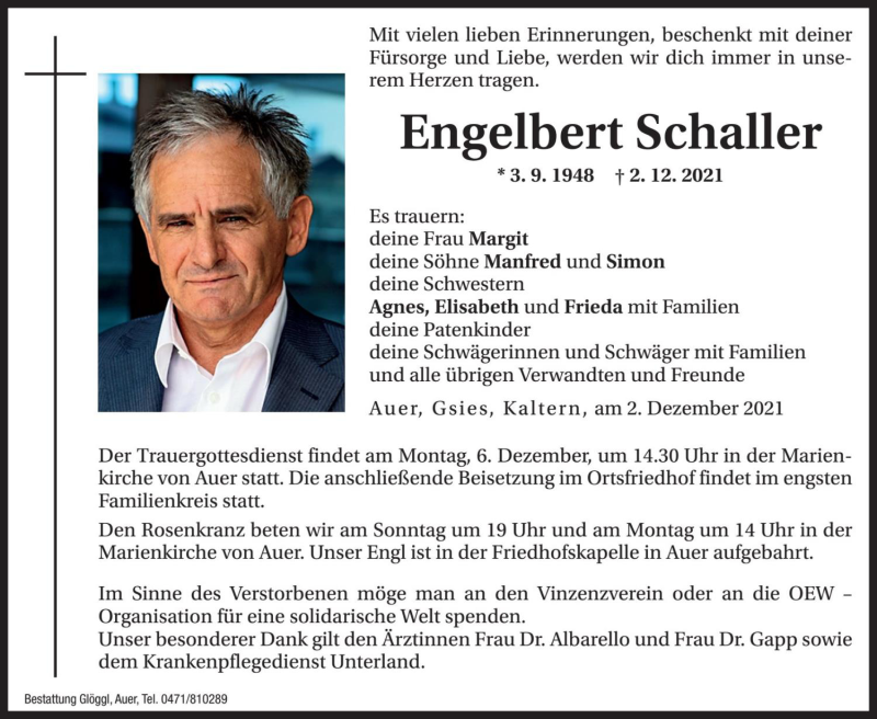  Traueranzeige für Engelbert Schaller vom 04.12.2021 aus Dolomiten