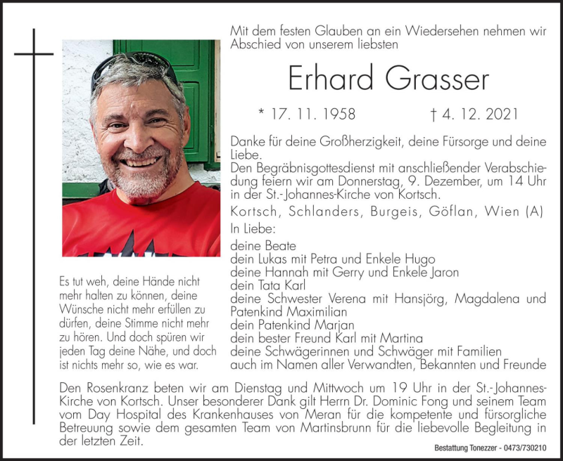  Traueranzeige für Erhard Grasser vom 07.12.2021 aus Dolomiten