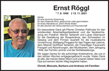 Traueranzeige von Ernst Röggl von Dolomiten