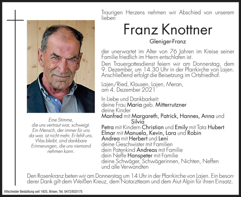  Traueranzeige für Franz Knottner vom 09.12.2021 aus Dolomiten