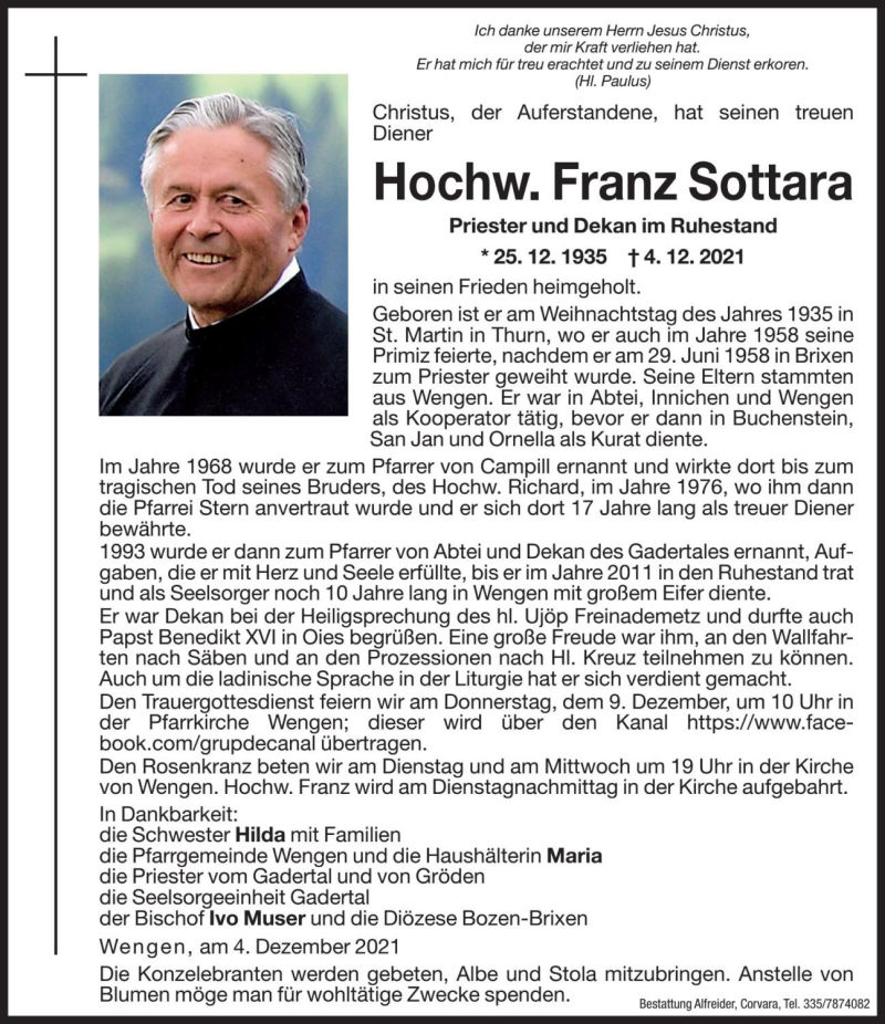  Traueranzeige für Franz Sottara vom 07.12.2021 aus Dolomiten