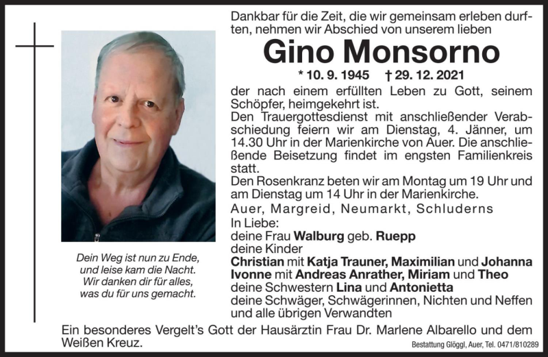  Traueranzeige für Gino Monsorno vom 31.12.2021 aus Dolomiten