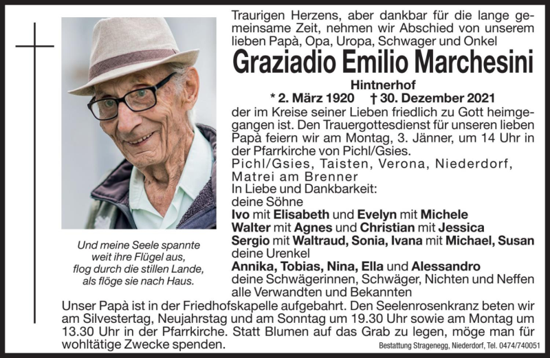  Traueranzeige für Graziadio Emilio Marchesini vom 31.12.2021 aus Dolomiten