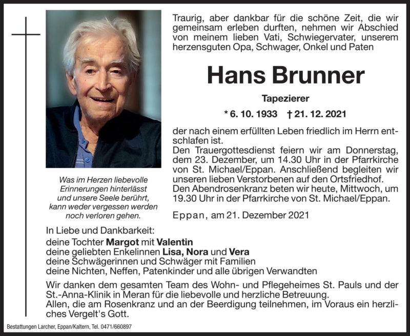  Traueranzeige für Hans Brunner vom 22.12.2021 aus Dolomiten