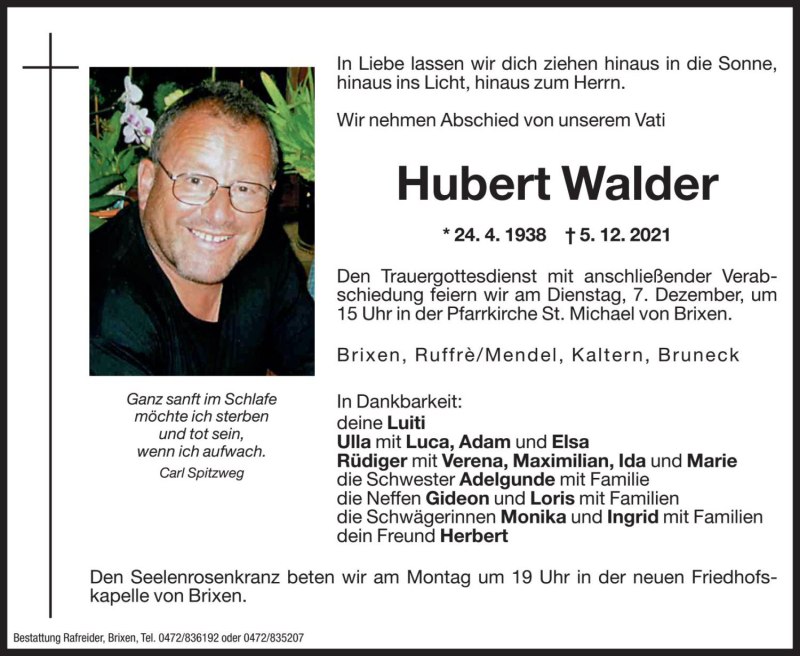  Traueranzeige für Hubert Walder vom 06.12.2021 aus Dolomiten