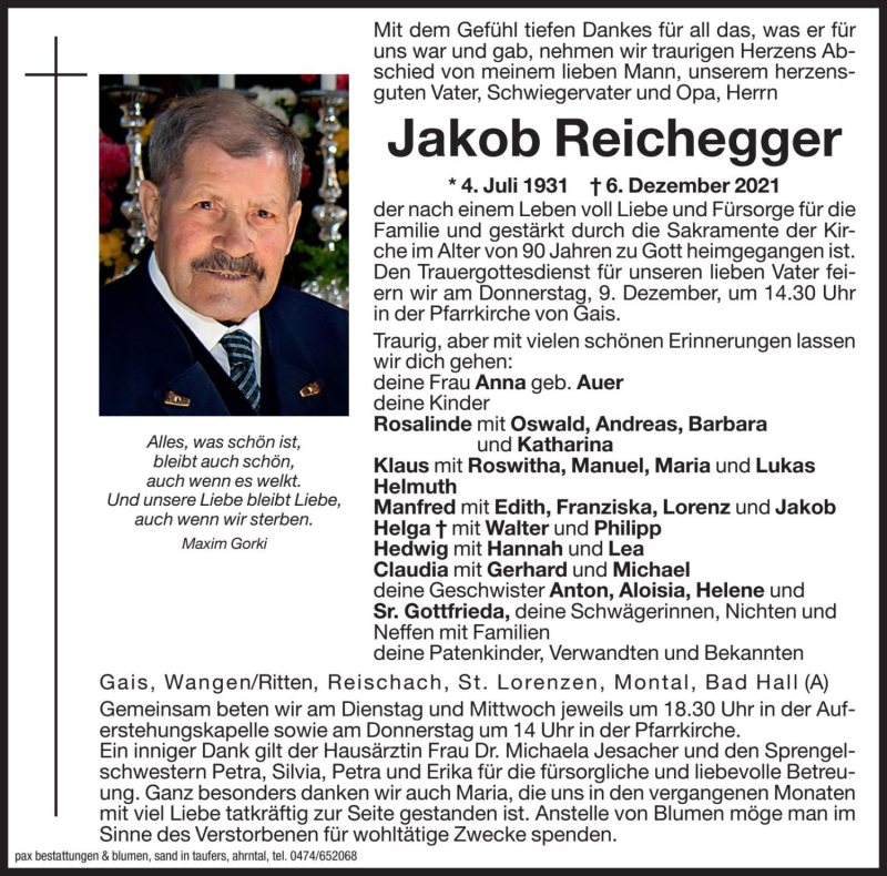  Traueranzeige für Jakob Reichegger vom 07.12.2021 aus Dolomiten