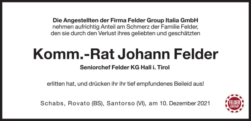  Traueranzeige für Johann Felder vom 11.12.2021 aus Dolomiten