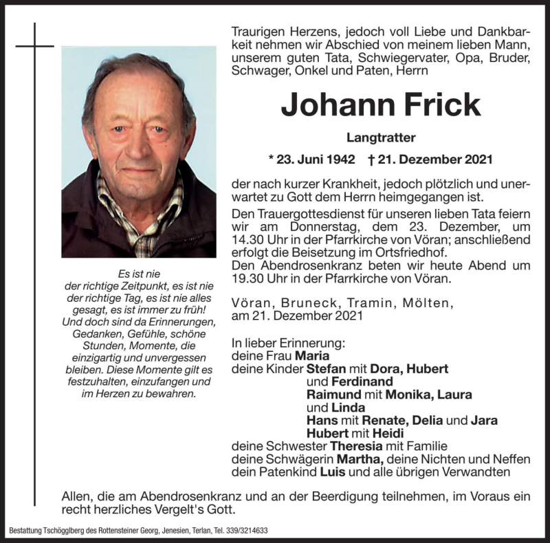  Traueranzeige für Johann Frick vom 22.12.2021 aus Dolomiten
