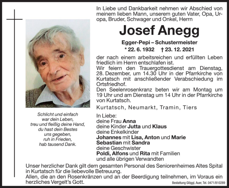  Traueranzeige für Josef Anegg vom 27.12.2021 aus Dolomiten