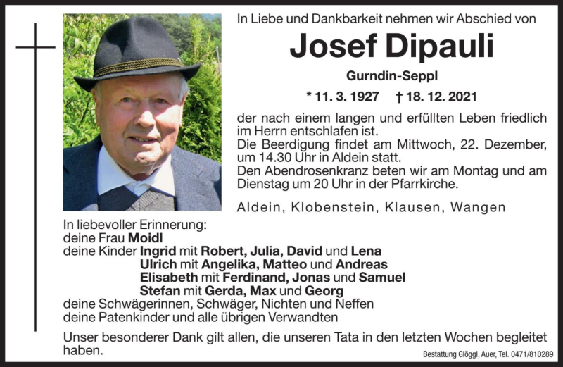  Traueranzeige für Josef Dipauli vom 20.12.2021 aus Dolomiten