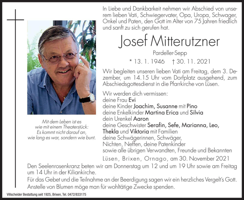  Traueranzeige für Josef Mitterutzner vom 02.12.2021 aus Dolomiten
