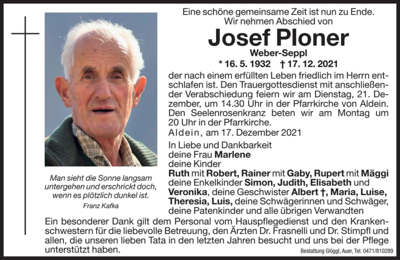  Traueranzeige für Josef Ploner vom 20.12.2021 aus Dolomiten