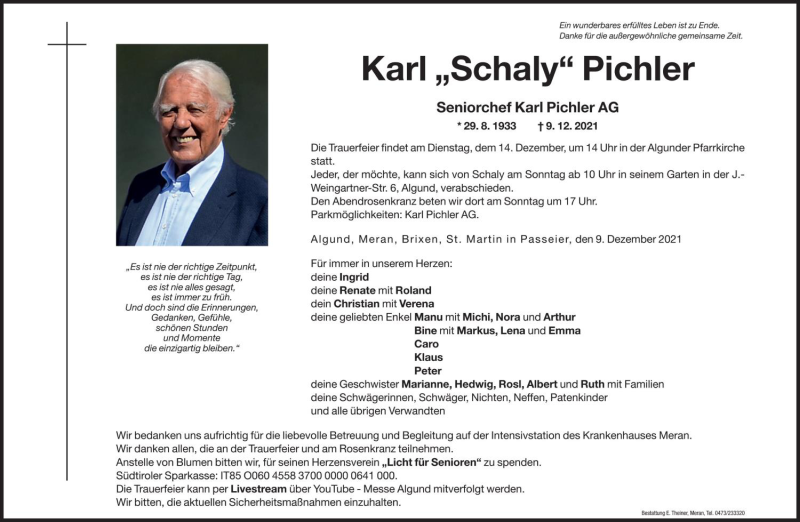  Traueranzeige für Karl Pichler vom 11.12.2021 aus Dolomiten