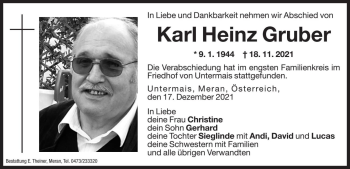 Traueranzeige von Karl Heinz Gruber von Dolomiten