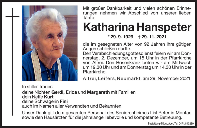  Traueranzeige für Katharina Hanspeter vom 01.12.2021 aus Dolomiten