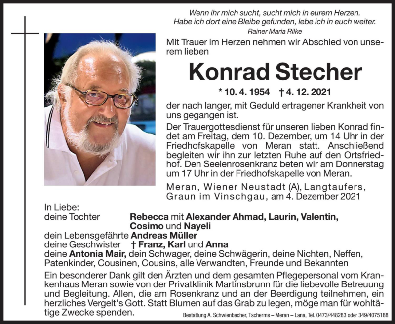  Traueranzeige für Konrad Stecher vom 07.12.2021 aus Dolomiten