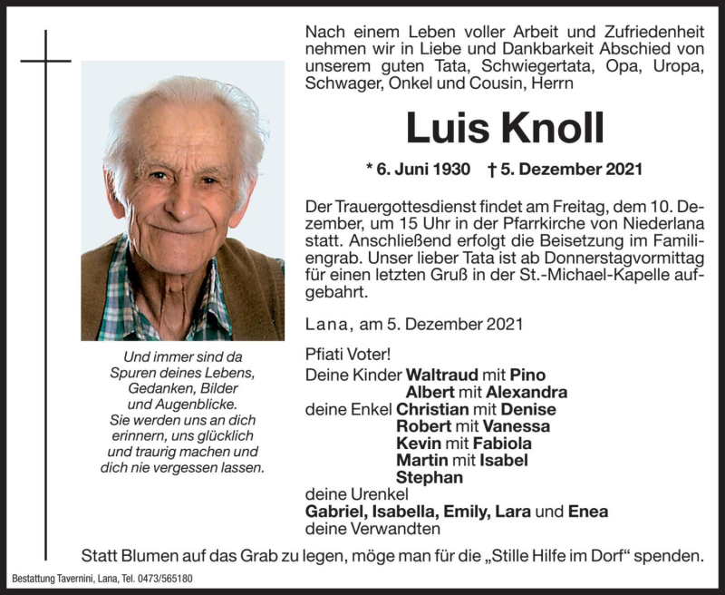  Traueranzeige für Luis Knoll vom 07.12.2021 aus Dolomiten