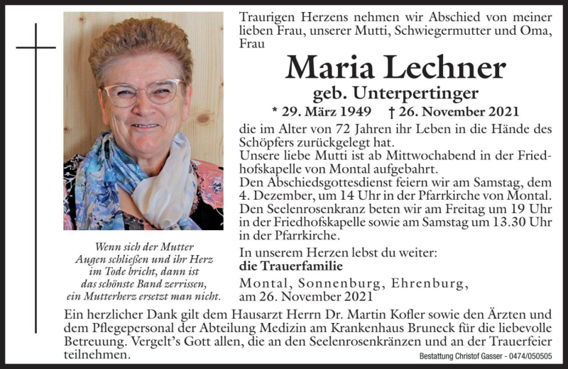  Traueranzeige für Maria Lechner vom 03.12.2021 aus Dolomiten