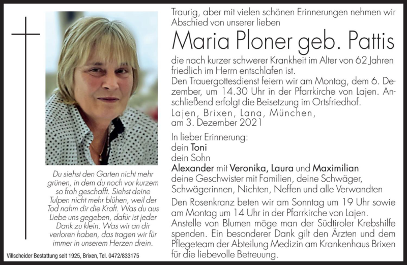  Traueranzeige für Maria Ploner vom 04.12.2021 aus Dolomiten