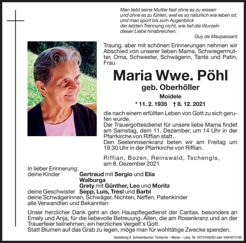  Traueranzeige für Maria Pöhl vom 09.12.2021 aus Dolomiten
