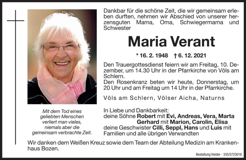  Traueranzeige für Maria Verant vom 09.12.2021 aus Dolomiten