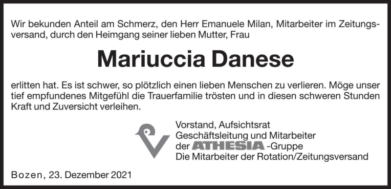  Traueranzeige für Mariuccia Danese vom 24.12.2021 aus Dolomiten