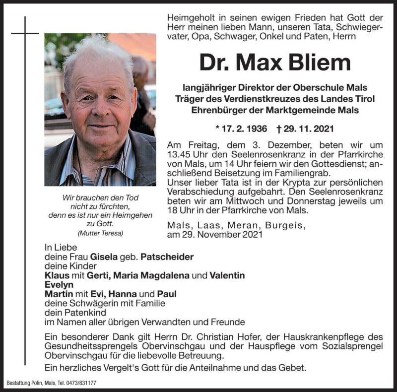  Traueranzeige für Max Bliem vom 01.12.2021 aus Dolomiten