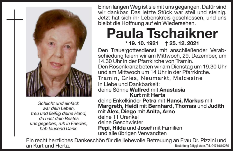  Traueranzeige für Paula Tschaikner vom 27.12.2021 aus Dolomiten