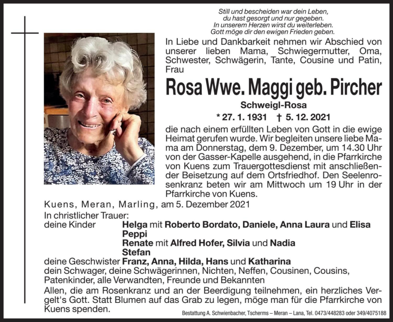  Traueranzeige für Rosa Maggi vom 07.12.2021 aus Dolomiten