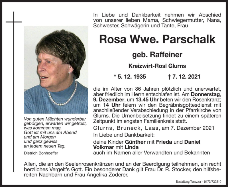  Traueranzeige für Rosa Parschalk vom 09.12.2021 aus Dolomiten