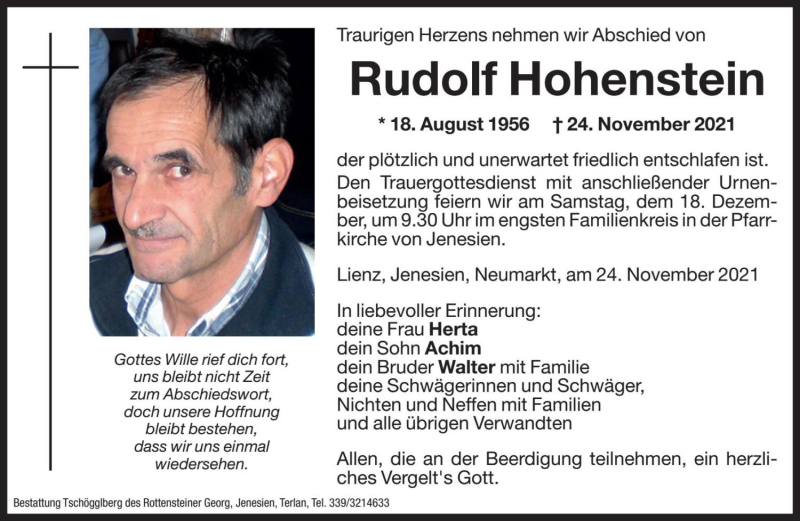  Traueranzeige für Rudolf Hohenstein vom 17.12.2021 aus Dolomiten