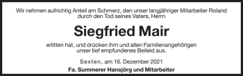 Traueranzeige von Siegfried Mair von Dolomiten