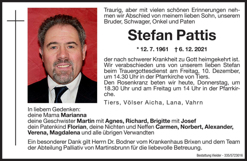  Traueranzeige für Stefan Pattis vom 09.12.2021 aus Dolomiten
