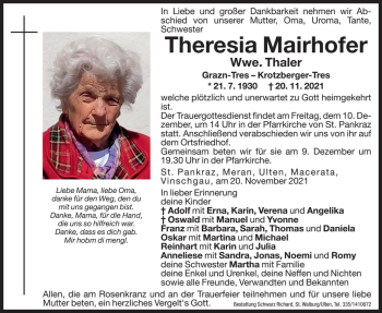 Traueranzeige von Theresia Thaler von Dolomiten