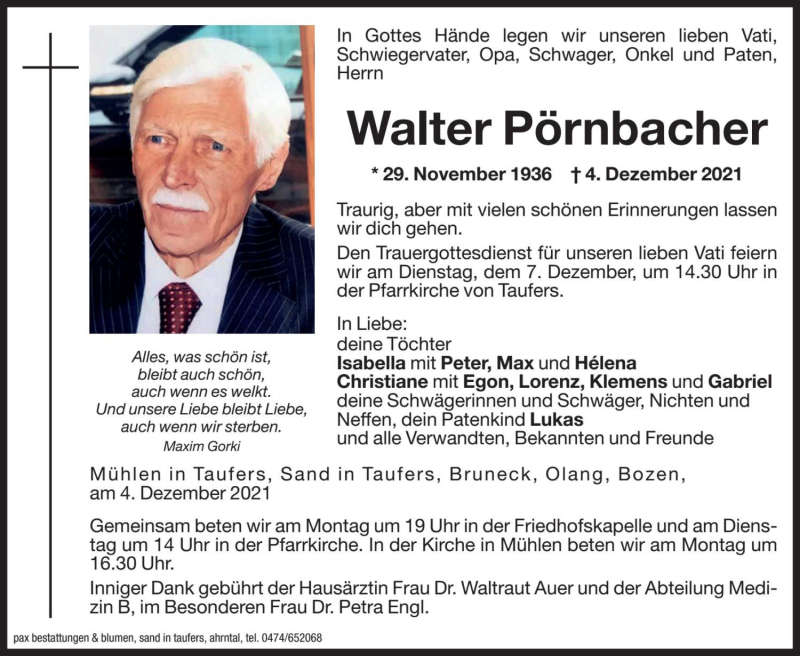  Traueranzeige für Walter Pörnbacher vom 06.12.2021 aus Dolomiten