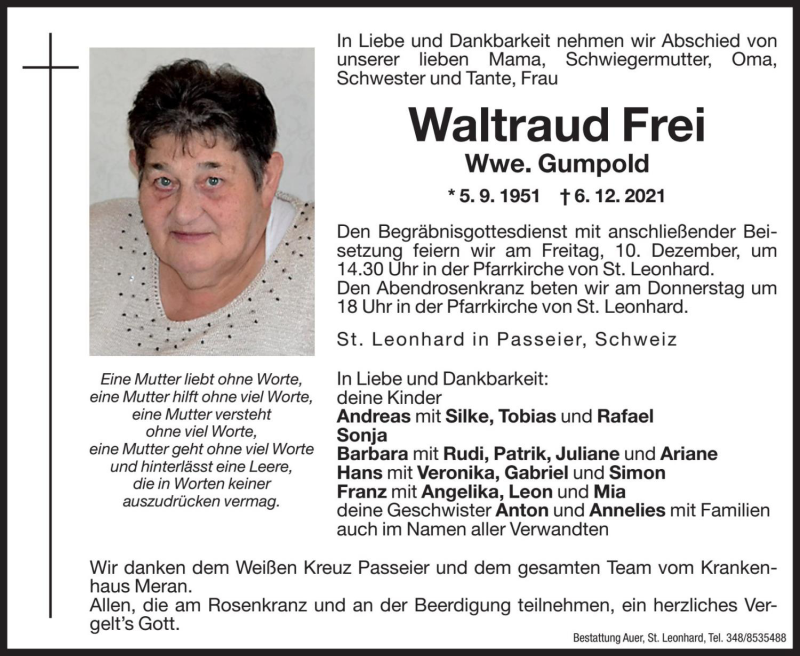  Traueranzeige für Waltraud Gumpold vom 09.12.2021 aus Dolomiten